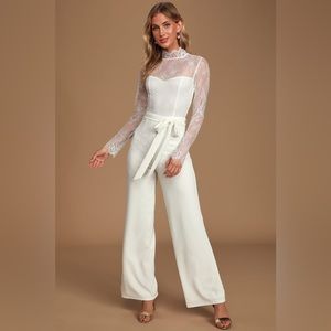 Lulu’s Loving Expression White Lace Mock Neck long Sleeve Jumpsuit